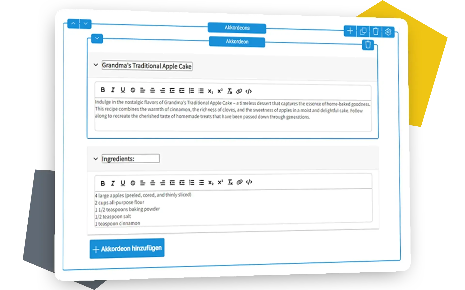 Screenshot of the accordion element with title field and rich text editor for the content of the slides.