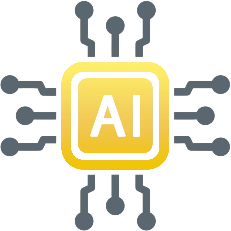 Icon für die Integration von Künstlicher Intelligenz mit einem stilisierten Chip und abgehenden Halbleitern.