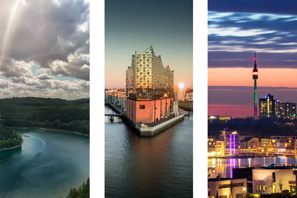 Image sections of the Hennesee lake near Meschede, the Elbphilharmonie concert hall in Hamburg and Dortmund's Phönixsee lake