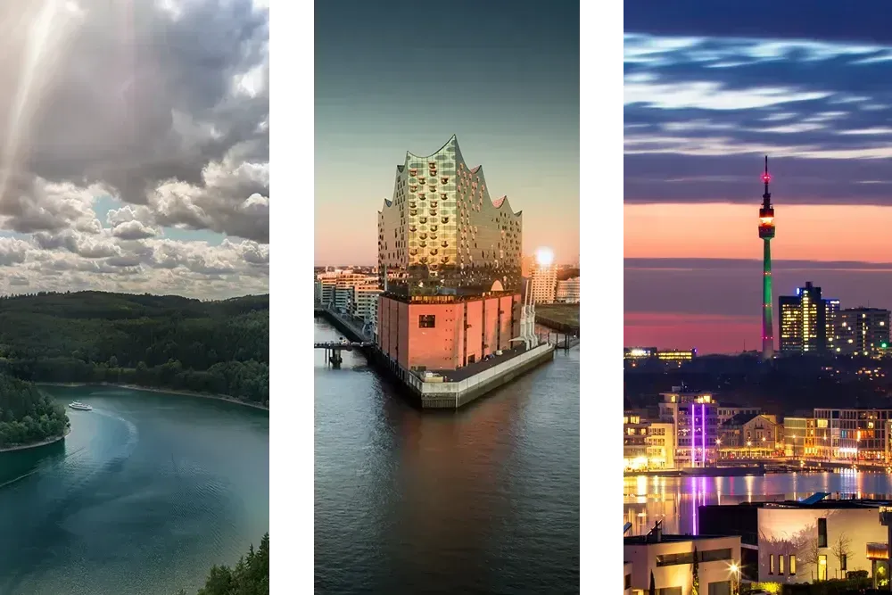 Bildausschnitte vom Hennesee bei Meschede, der Elbphilharmonie in Hamburg und dem Dortmunder Phönixsee