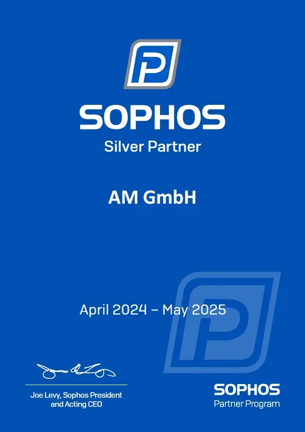 Sophos - Silver Partner Award Award of AM GmbH from Sophos Cybersecurity as Silver Partner.