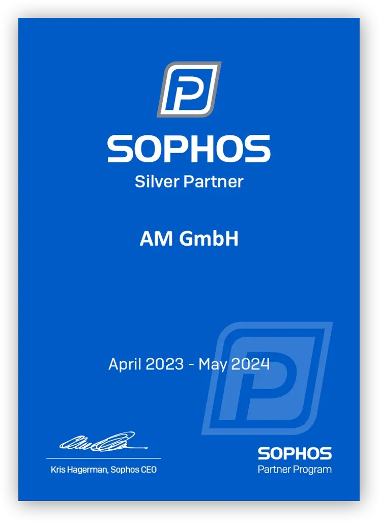 Auszeichnung der AM GmbH von Sophos Cybersecurity als Silver Partner.