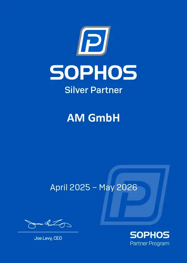 Sophos - Silver Partner Auszeichnung Auszeichnung der AM GmbH von Sophos Cybersecurity als Silver Partner.