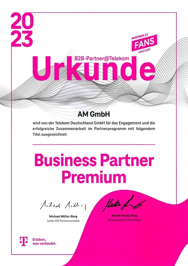 Deutsche Telekom - Business Partner Premium Award Award as Business Partner Premium in the B2B area of Telekom.