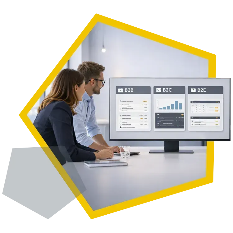 B2B-, B2C- und B2E-Portale Zwei Mitarbeitende sehen sich das Zusammenspiel verschiedener Plattformen an.