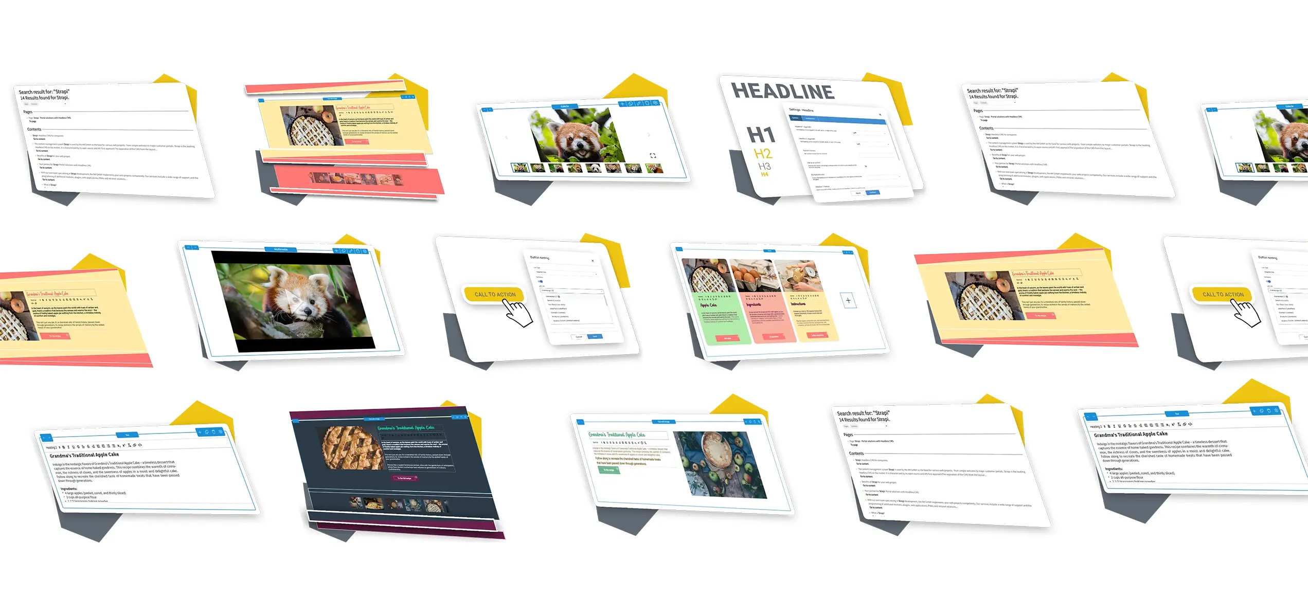 All content elements of the PageBuilder for Strapi in a collage.