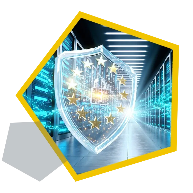 Schutzschild mit Sternen und Schloss vor einem Serverschrank