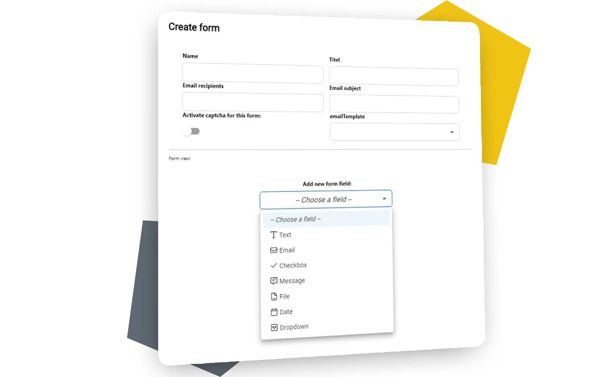 Screenshot des Formular-Managers im PageBuilder mit einem Dropdown zur Auswahl der Formular-Felder zur Erstellung.