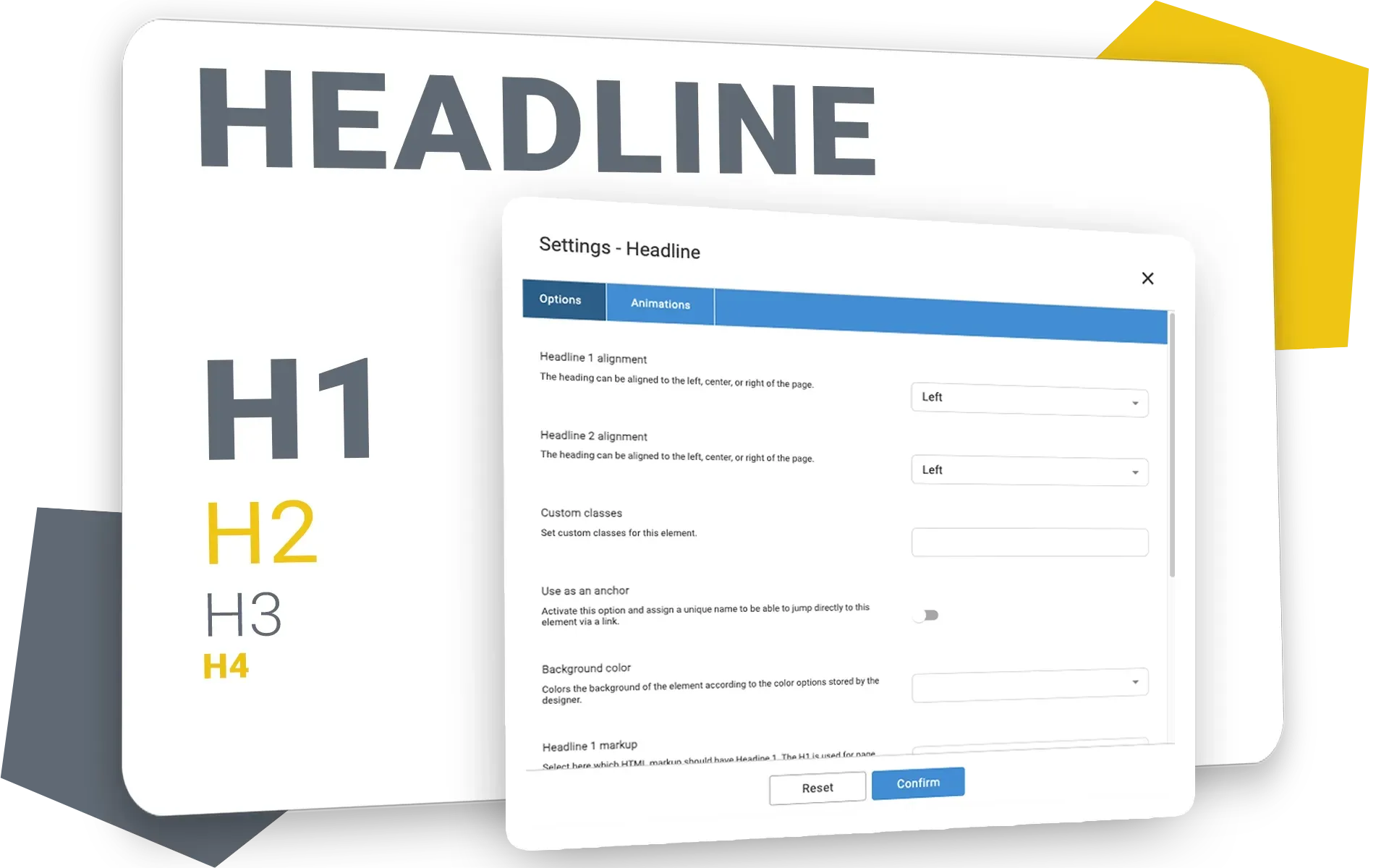 Screenshot of the headline settings with scheme of different headlines from H1 to H4.