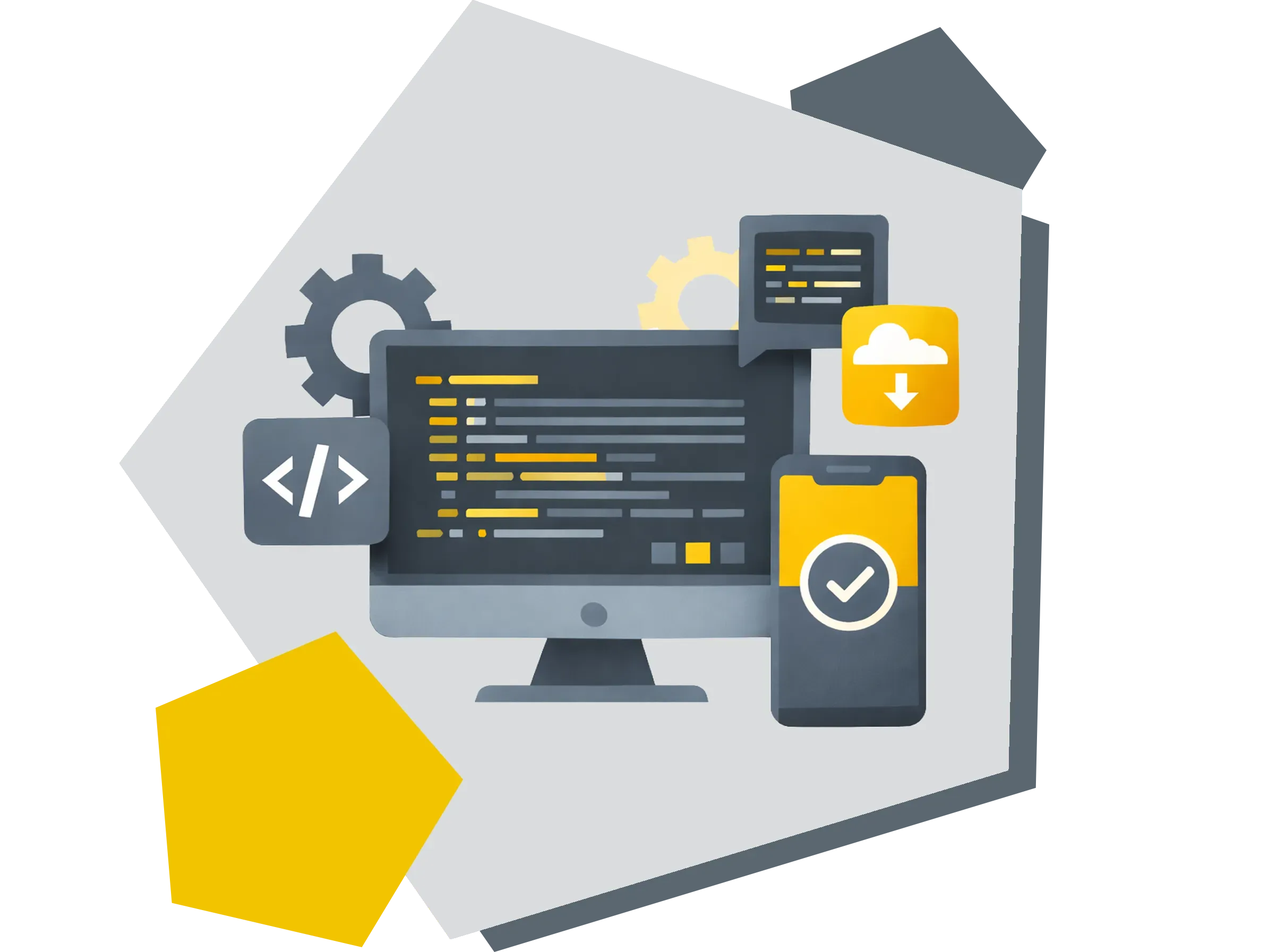 Illustration einer individuellen Softwareentwicklung mit Monitor, Code und vernetzten Funktionen.
