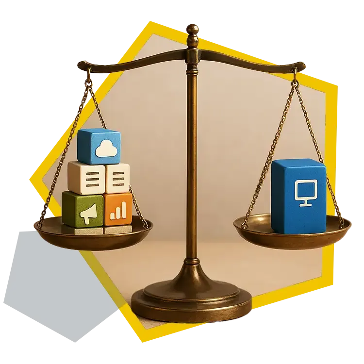 Intranet und Insellösungen im Vergleich Waagschalen mit Intranet rechts und mehreren Insellösungen links.