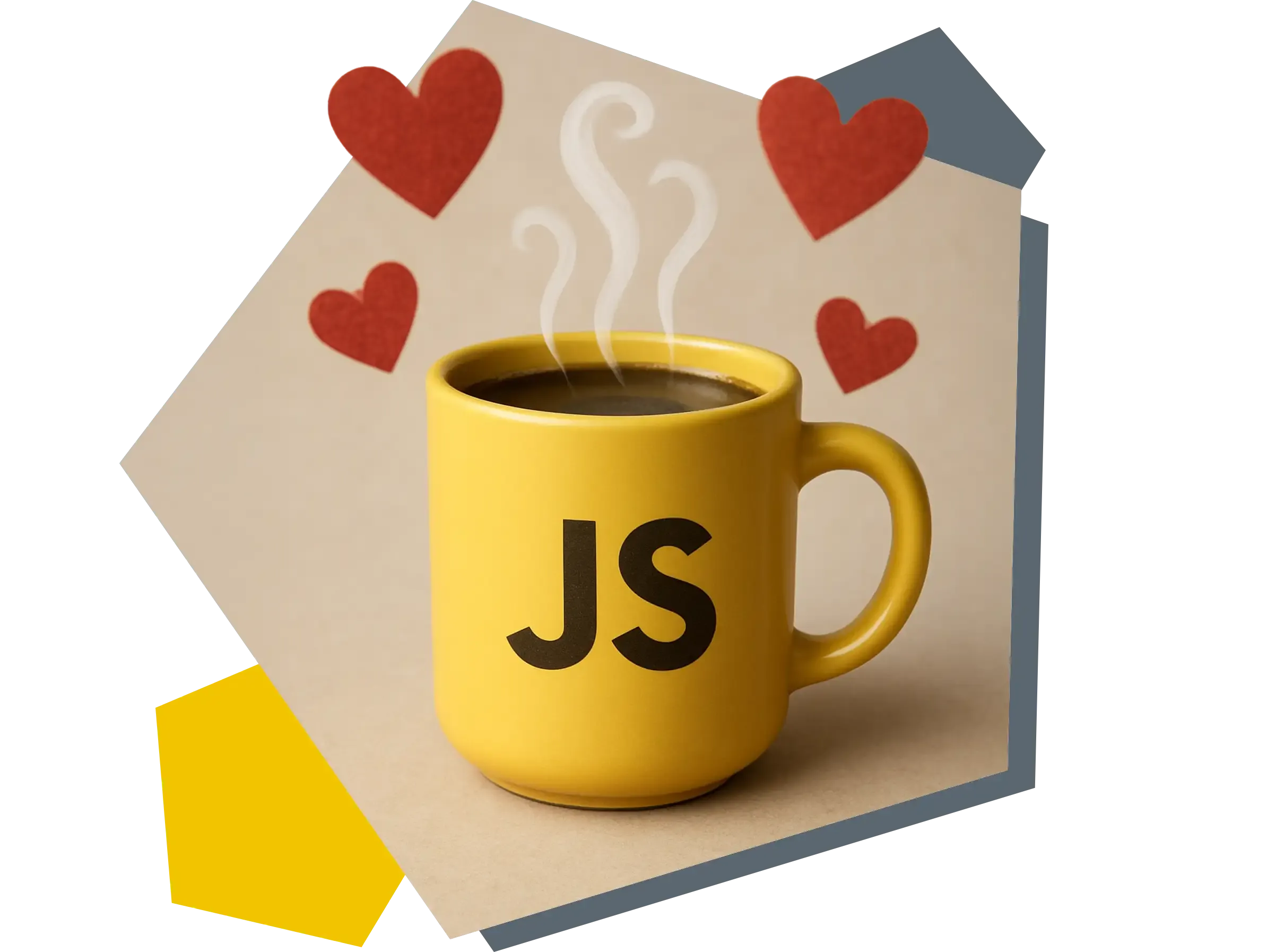 JavaScript Liebe Gelbe Tasse mit JS-Logo und Heißgetränk und roten Herzen