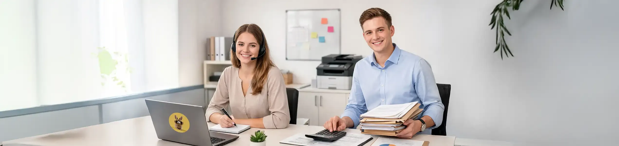 Ausbildung für Büromanagement bei der AM GmbH Am Standort Meschede sitzen zwei Auszubildene für Büromanagement im Konferenzraum.