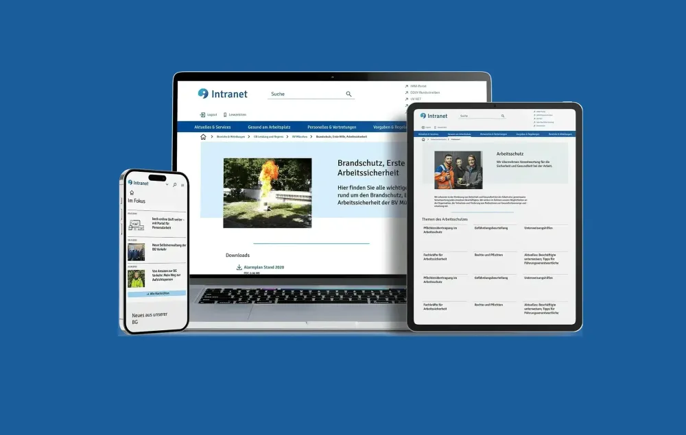 BG Verkehr Intranet-Portal Drei Endgeräte zeigen das neue Intranet-Portal der Berufsgenossenschaft Verkehr auf dunkelblauem Hintergrund.