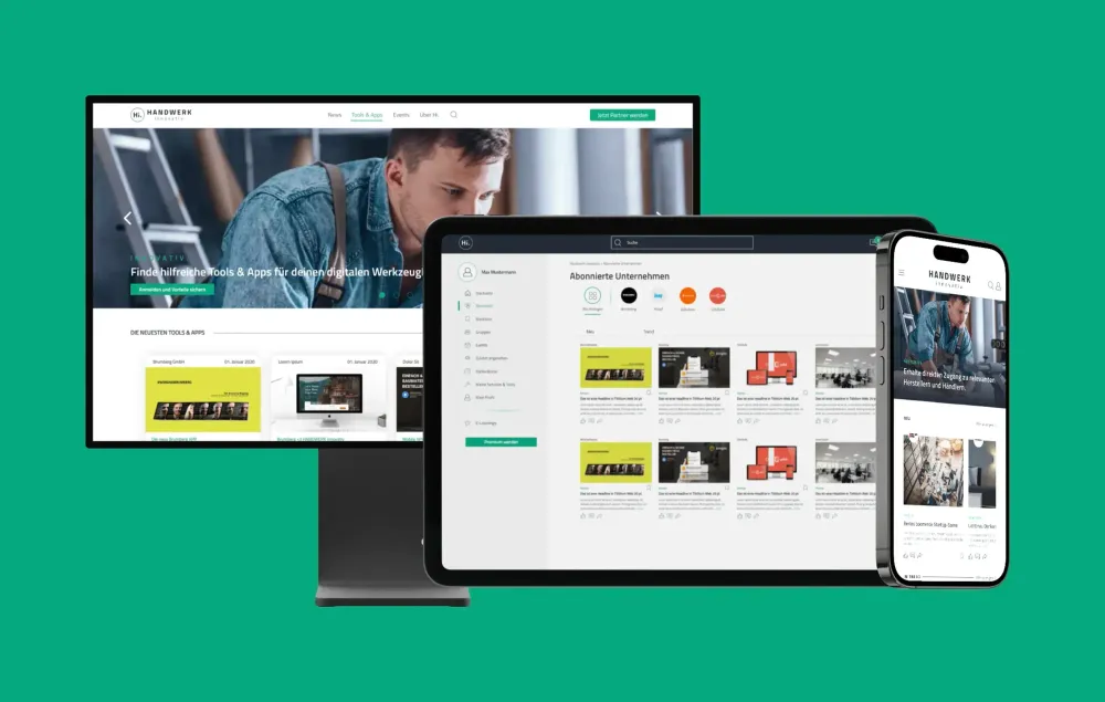 Handwerk Innovativ Webportal Drei Endgeräte mit dem neuen Webportal von Handwerk Innovativ vor grünem Hintergrund.