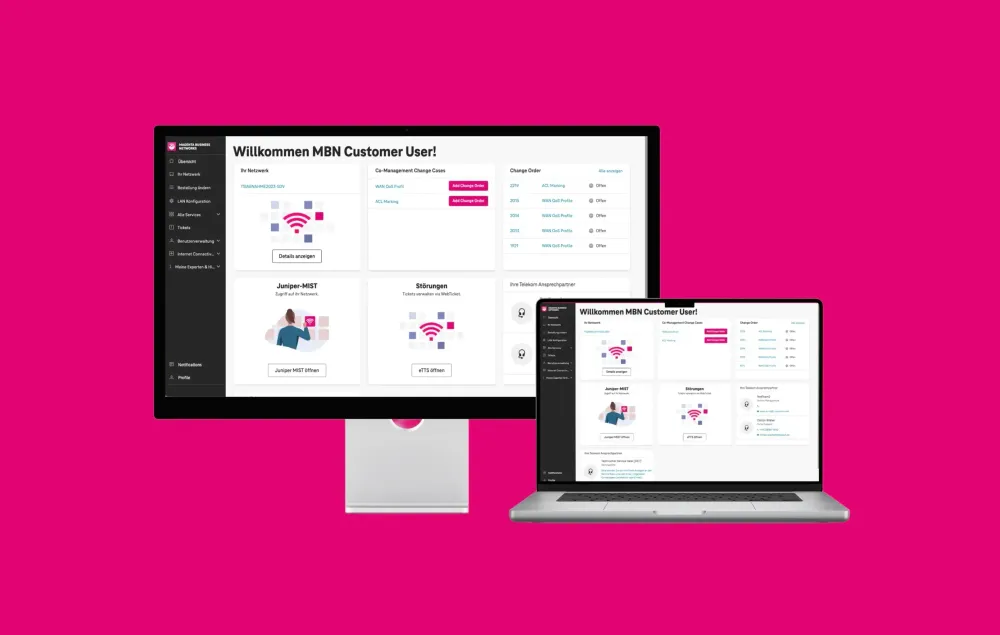 MyWorkplace Enterprise Kundenportal Zwei Endgeräte zeigen das MyWorkplace Enterprise Kundenportal der Telekom auf ihren Bildschirmen, vor magenta Hintergrund.