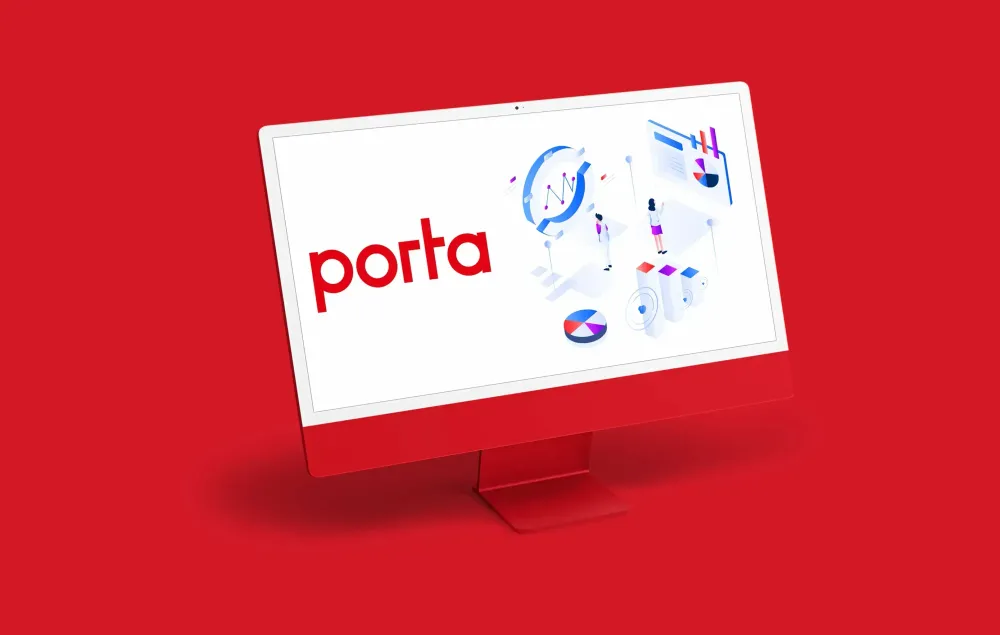 Porta Möbel E-Commerce-Plattform Monitor mit porta-Logo und E-Commerce-Symbolen mit rotem Hintergrund.