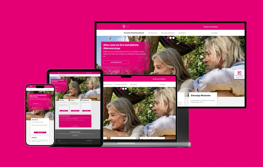 Deutsche Telekom Personalportals Vier Endgeräte mit dem Personalportal der Deutschen Telekom auf magenta Hintergrund.
