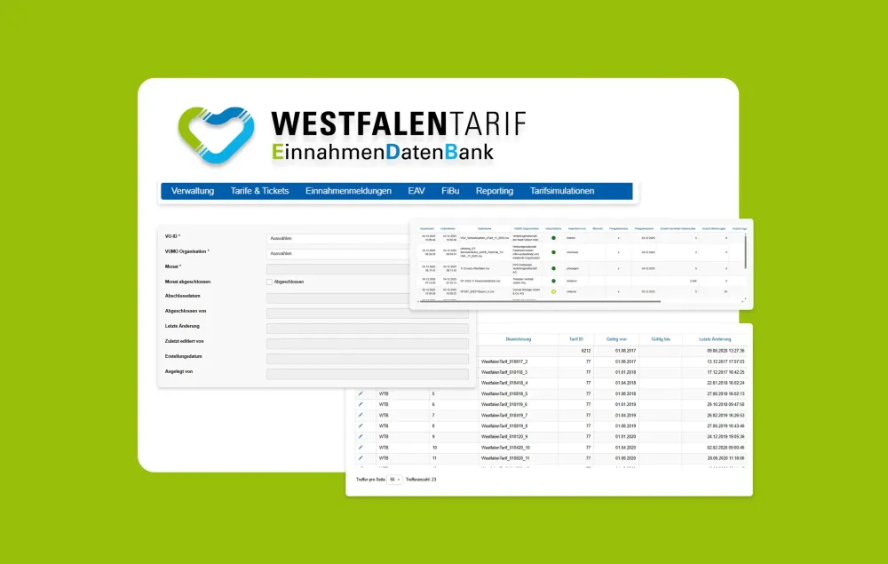 WestfalenTarif Legacy-Systeme Modernisierung Darstellung der EinnahmenDatenBank von WestfalenTarif vor grünem Hintergrund.
