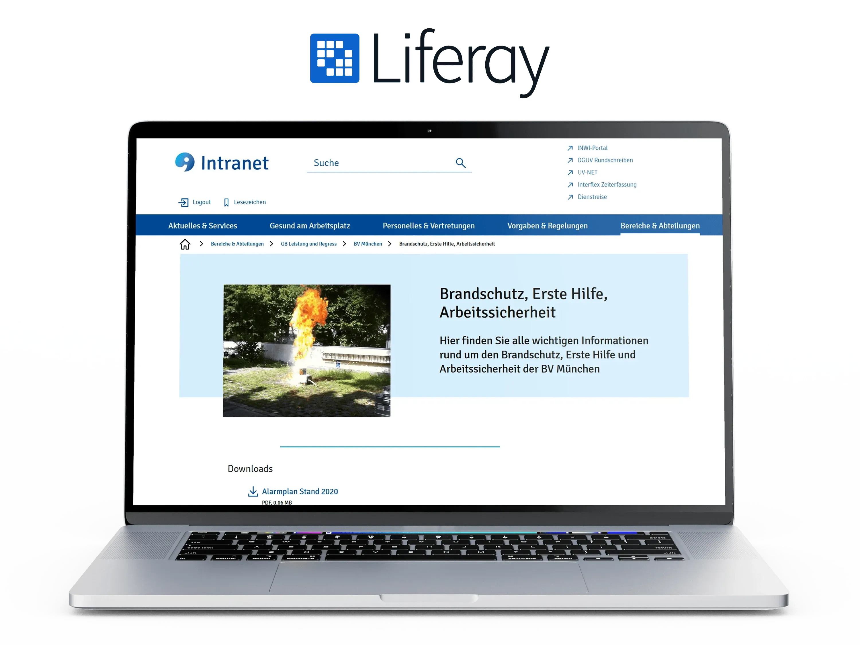 Intranet view of BG Verkehr Laptop with Liferay intranet interface open, displaying a page of the BG Verkehr intranet