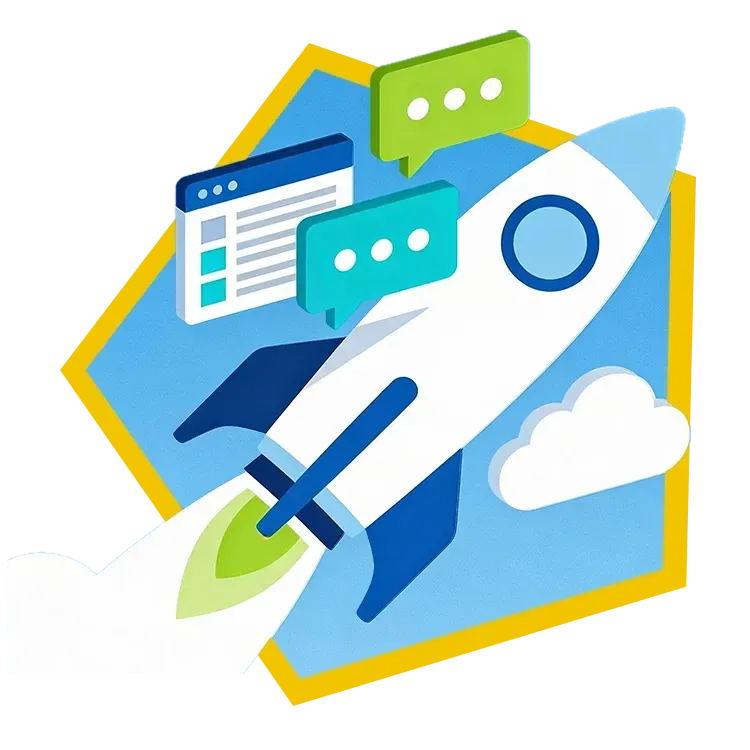 White comic rocket with flying Microsoft Office icons.