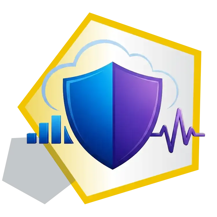 Stilisierter IT Security Schild mit Cloud Symbol, Datenbalken und Aktivitätslinie.