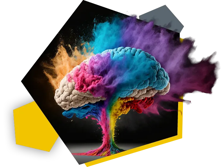 Kreativität mit generativer KI unterstützen Gehirn mit einer bunten Farbwolke vor schwarzem Hintergrund in einem Hexagon.