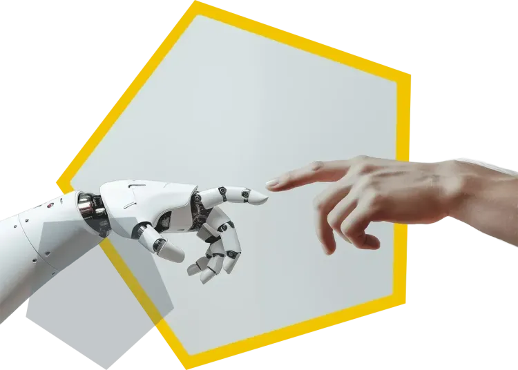 Mensch und KI im Zusammenspiel Roboterhand und menschliche Hand berühren sich vor einem gelben Hexagon.