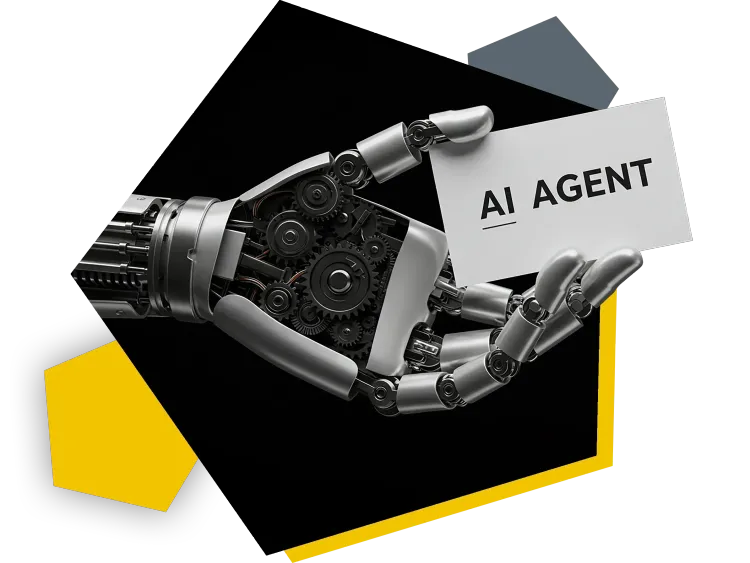 AI Agent Roboterhand hält eine Visitenkarte mit dem Aufdruck AI Agent fest.