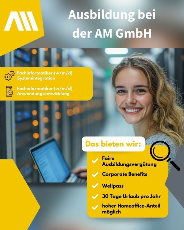 Ausbildungsberufe bei der AM GmbH Junge Frau, die in einem Serverraum steht und einen Laptop in der Hand hält.