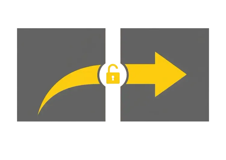 Change & Release Management Ein gelber, geschwungener Pfeil führt durch zwei graue Quadrate, in der Mitte ein gelbes Vorhängeschloss.