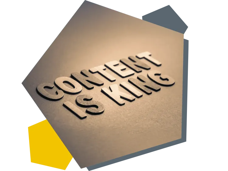 Einfache Content-Plattform Schriftzug Content Is King auf goldenem Hintergrund.