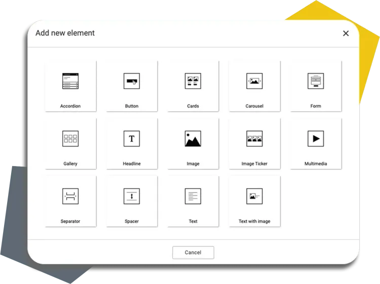 Strapi Pagebuilder Content Elements Screenshot with the selection menu for content elements in the Strapi PageBuilder. All elements are displayed with icons.