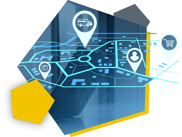 Datenintegration Altsysteme Mehrere Pins auf einer digitalen Karte mit Symbolen für POI und Datenflüsse.