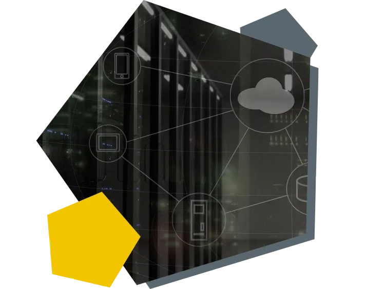 Database management systems from AM GmbH Visualisation of a DBMS architecture with server room and database Icons