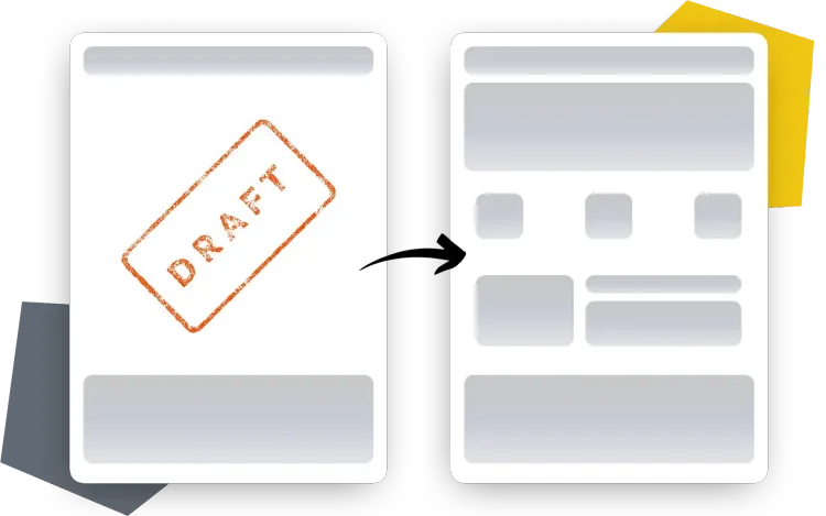 Strapi PageBuilder Draft Publishing Mode Draft publishing mode scheme with two pages of content before and after multiple-eyes principle.