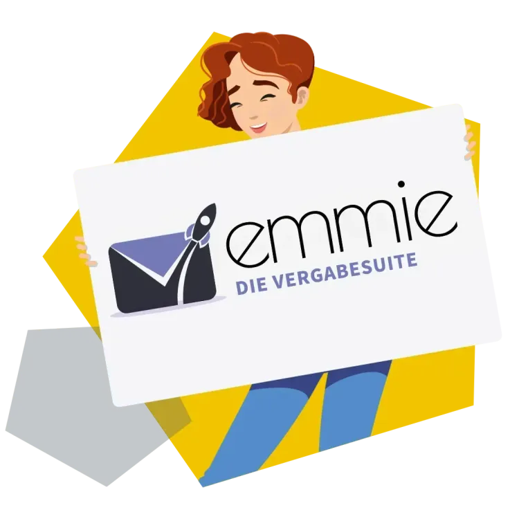 Online-Vergabe-Plattform EMMIE Rechtssicheres Online-Vergabe-Management mit Logo und EMMIE-Figur