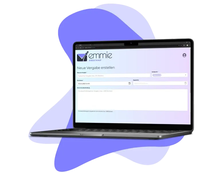 EMMIE Direktkauf für einfaches Vergabe-Management Screenshot zum Anlegen einer Direktvergabe in der EMMIE Web-App