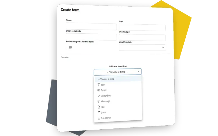 Strapi PageBuilder Form Manager Screenshot of the Form Manager in PageBuilder with a dropdown for selecting the form fields for creation.