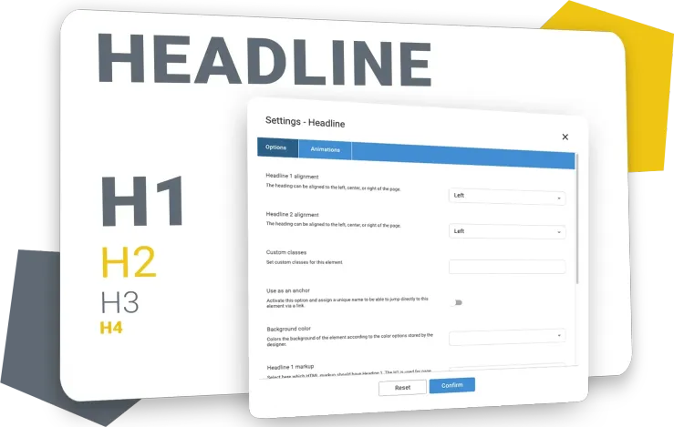 Strapi PageBuilder Headlines Screenshot of the headline settings with scheme of different headlines from H1 to H4.