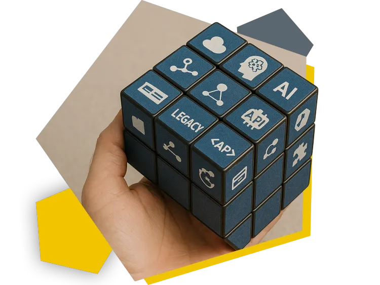 Schwarzer Rubik-Würfel auf einer Hand mit Symbolen für Intranet-Portal-Module.