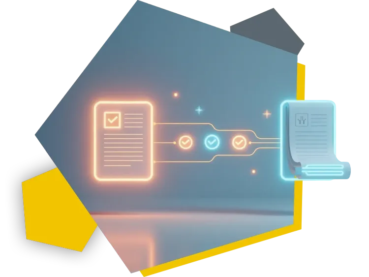 Intelligente Dokumentensuche mit KI Symbolgrafik mit Dokument, Suchpfad und verbundenen Datenpunkten zur Dokumentensuche.