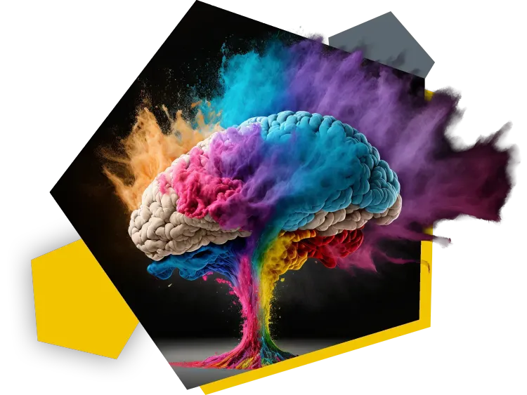 Gehirn mit einer bunten Farbwolke vor schwarzem Hintergrund in einem Hexagon.