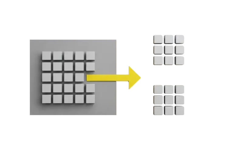Daten & Backups Viele graue Quadrate mit Schatten, aufgeteilt auf eine große Fläche links und zwei kleinere Flächen rechts, verbunden mit einem gelben Pfeil nach rechts.
