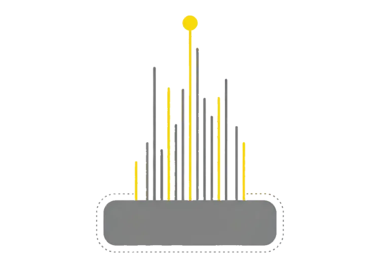 Legacy System Monitoring Mehrere graue und gelbe Balken in Form einer steilen Pyramide über einer grauen Fläche, darüber ein gelber Punkt.