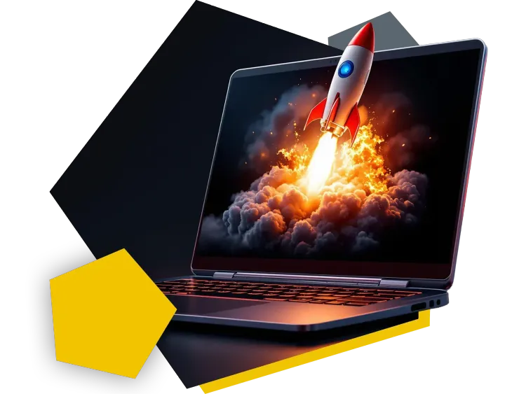 Rakete startet aus einem Laptopbildschirm heraus in die Luft.