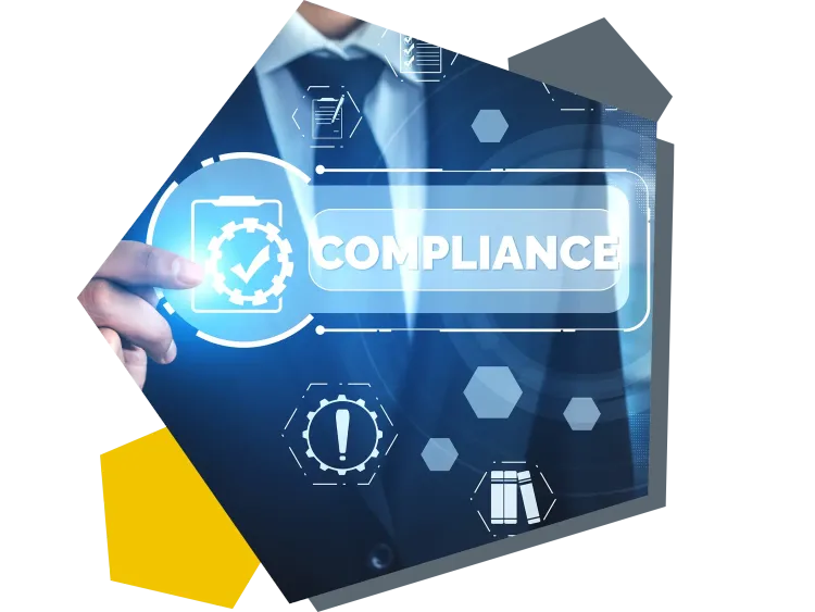 Compliance Tiefenanalyse Compliance-Hologramm vor einer Person mit mehreren Analyse-Symbolen.