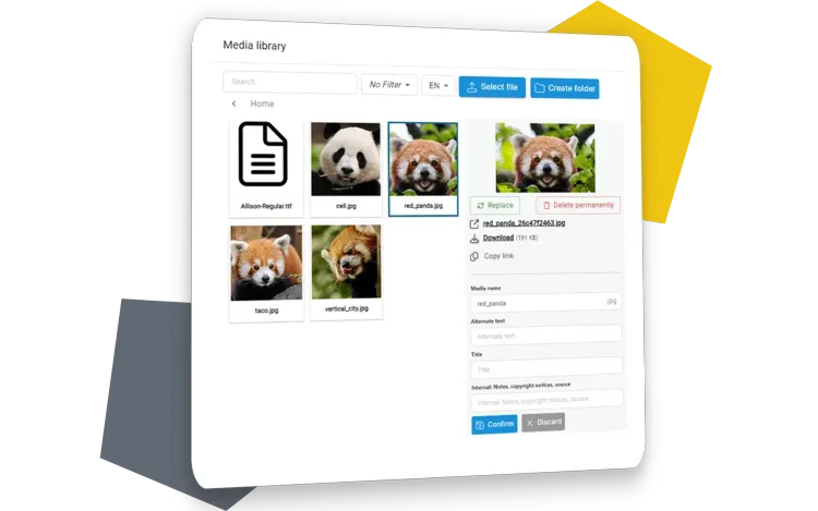 Strapi PageBuilder Media Manager Screenshot of the Media Manager from the PageBuilder in Strapi. Information about a selected image can be seen next to the image overview.
