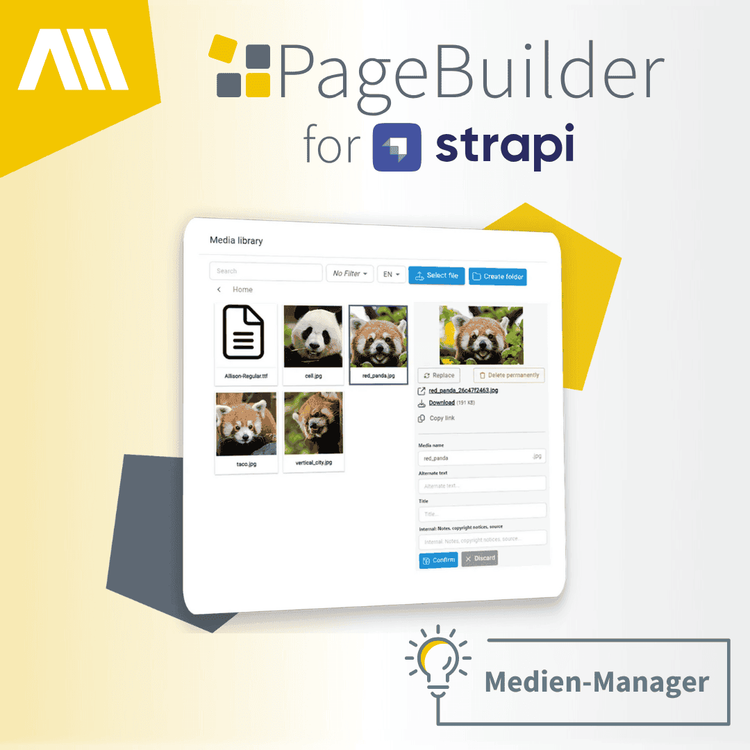 Die Funktionen des PageBuilders Screenshot vom Medien-Manager im PageBuilder für Strapi