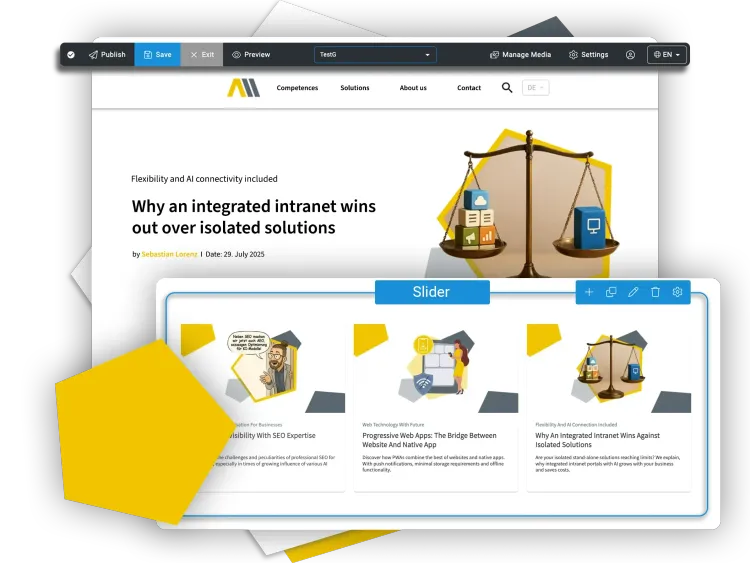 News And Communication PageBuilder screenshot with the news module including content slider.